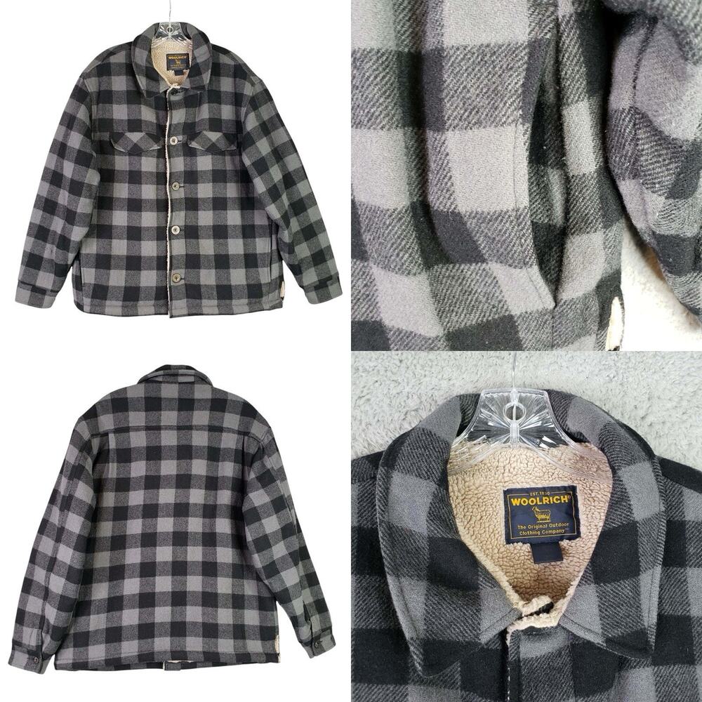 Woolrich Shirt Flannel Plaid Mens Size Large L LS Sherpa Lined Button Up Shacket